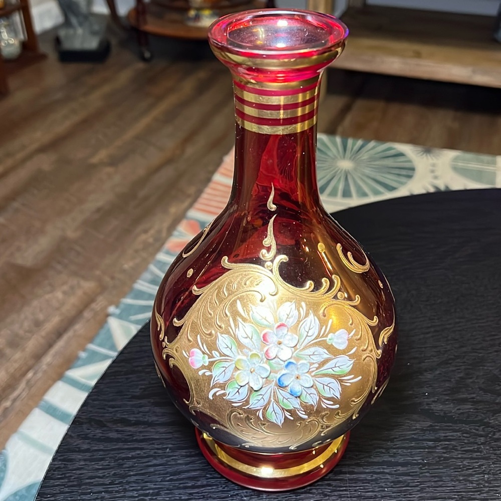 VTG Czech bohemia pink cranberry glass Handpainted gold enamel flower art vase